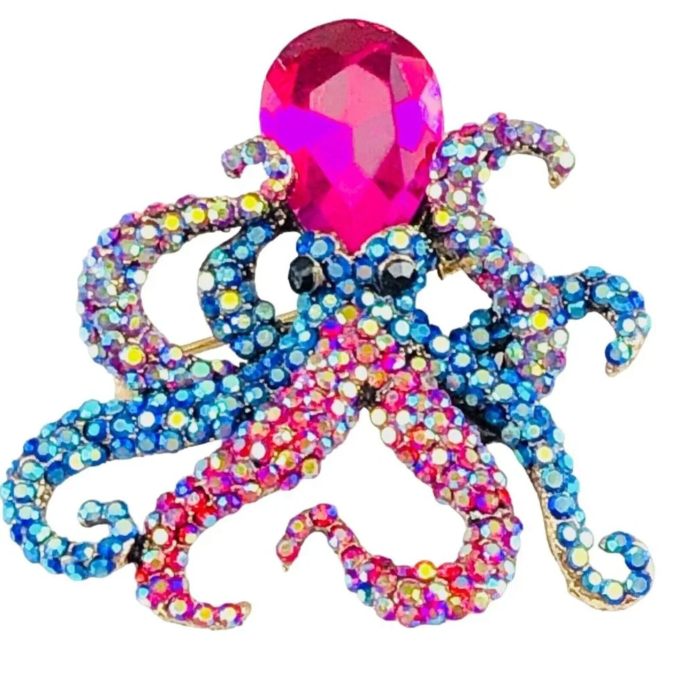 Brooch Octopus Bright Pink Blue & Violet Rhinestone Crystals Gold Tone - Picture 1 of 2